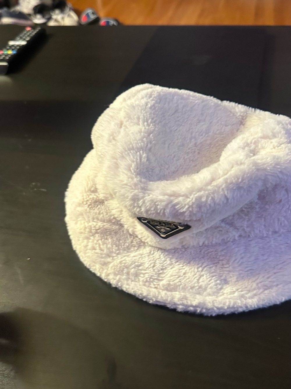 Prada Cream Faux-Fur Bucket Hat with Logo Plaque - Picture 3 of 7